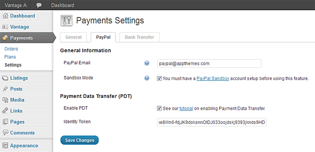 Vantage PayPal Settings