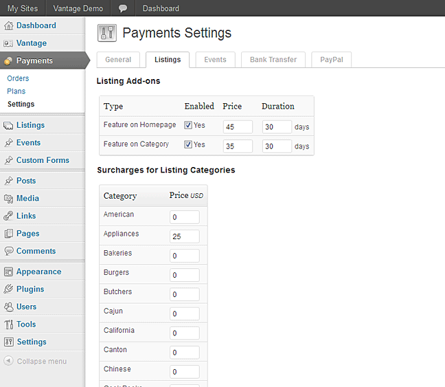 Vantage payments settings for listings