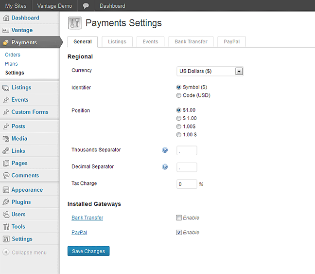 Vantage payments settings