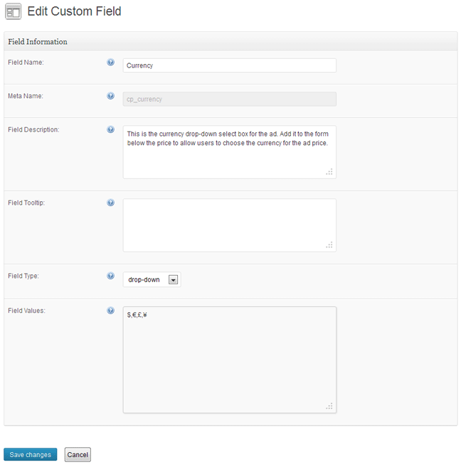 Editing the Currency custom field