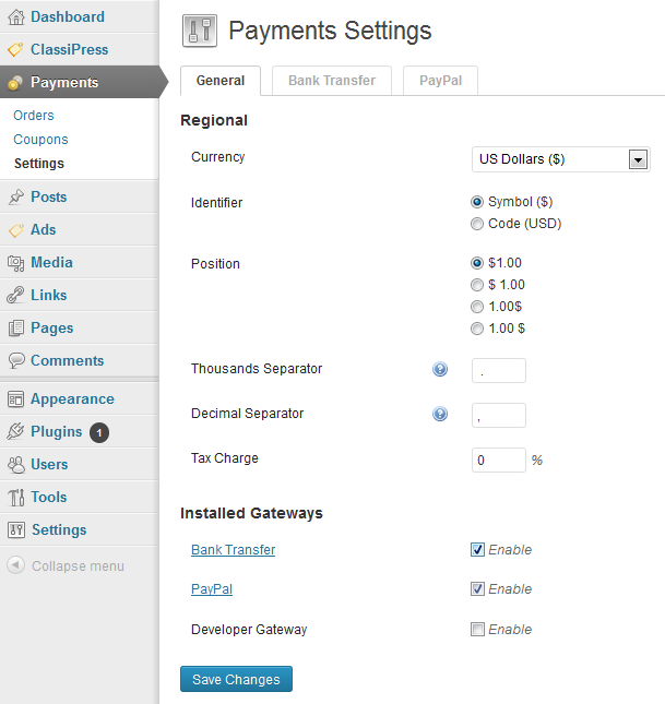 ClassiPress Payments Settings